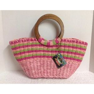 Sun And Sand Woven Beach Bag, Wooden Handles, NWT